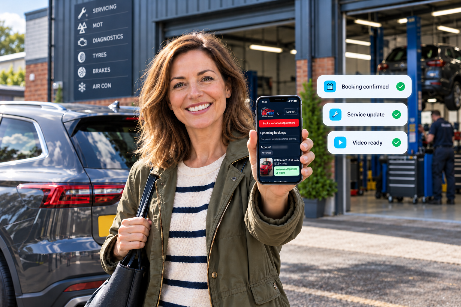 Customer beside her car holding a phone, with booking, service update and video notifications