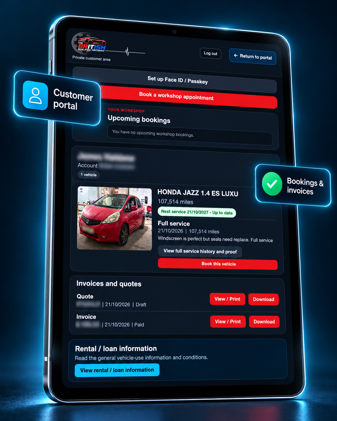 Customer portal on a tablet showing bookings, service history, invoices and quotes, with personal details obscured