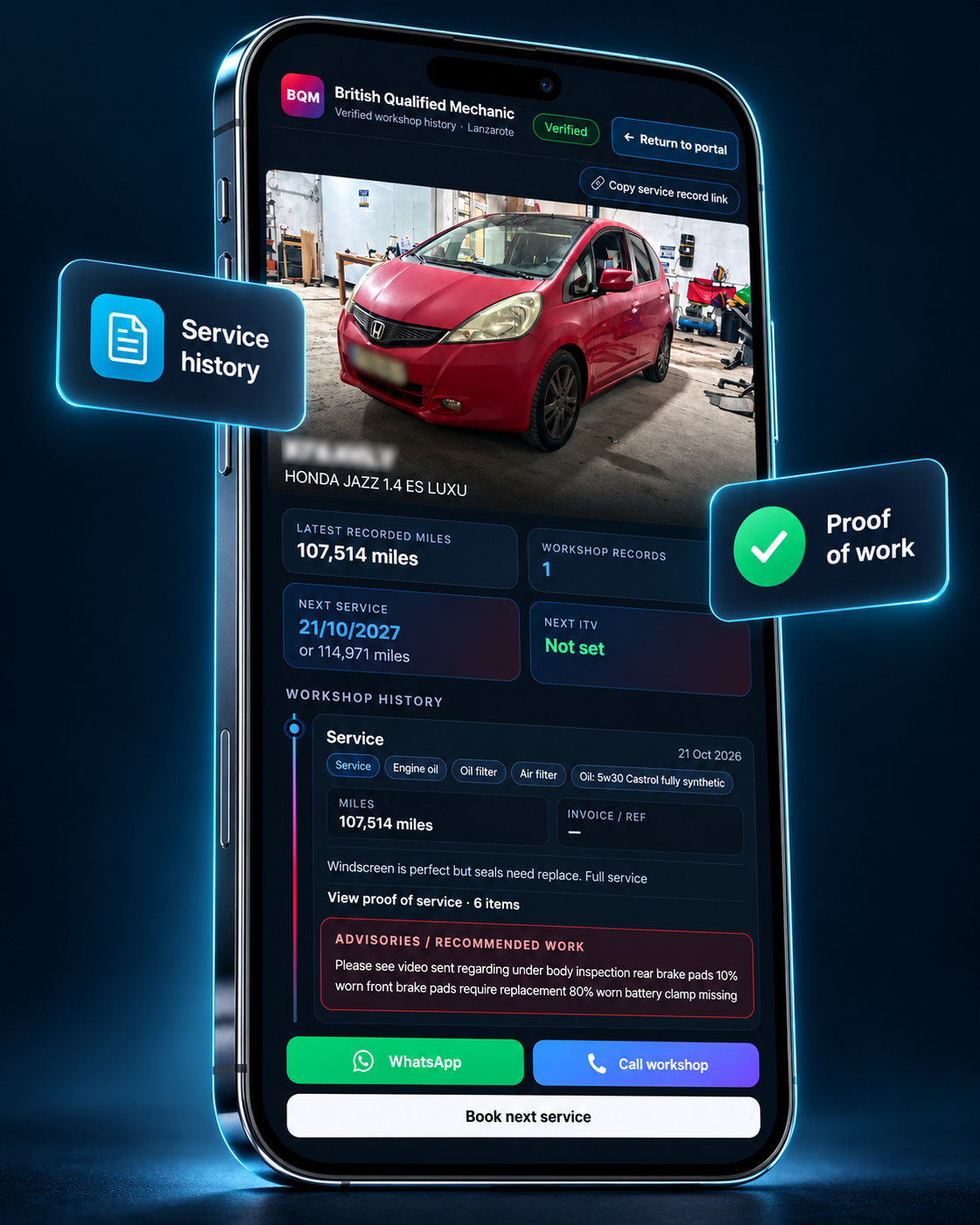 Customer service history displayed on a phone, with vehicle registration blurred, mileage in miles and proof of work