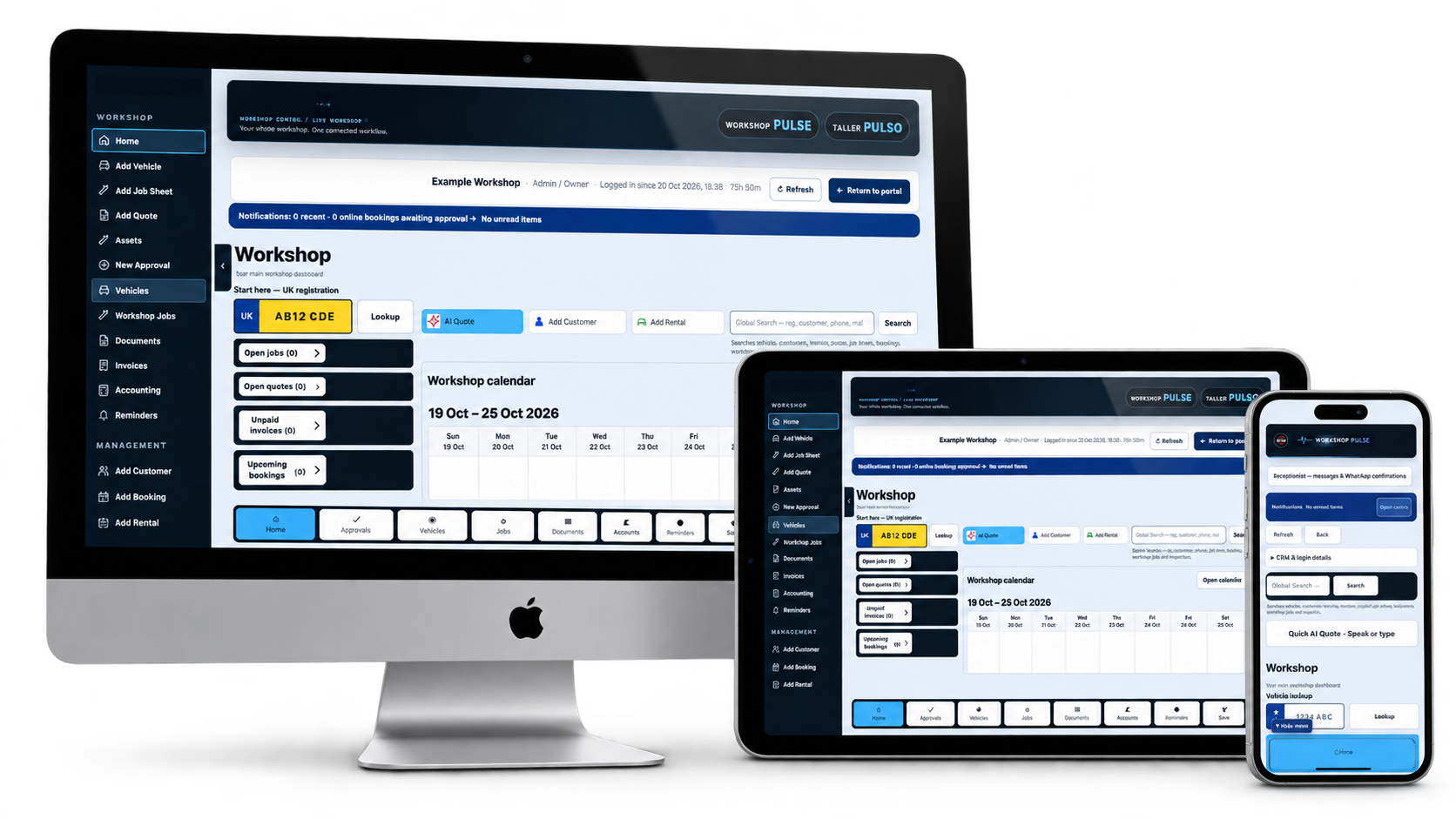 Workshop Pulse UK registration lookup and sidebar displayed on an iMac, iPad and iPhone